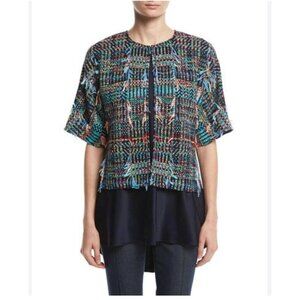 St. John Dara Jacket Womens Medium Multicolor Tweed Boucle Open Front Fringe